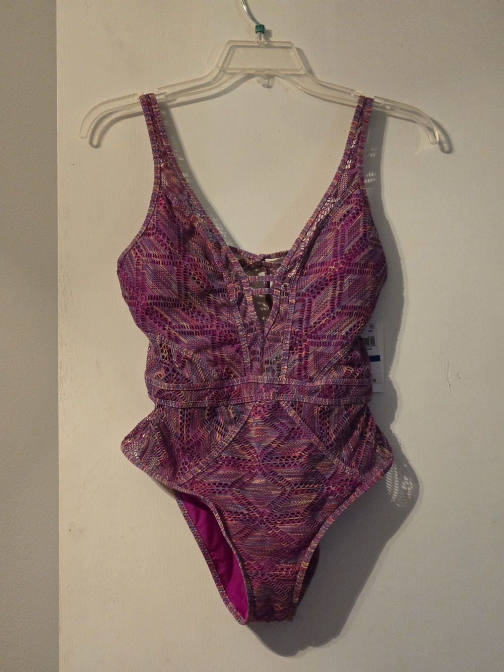 BECCA Magenta & Lavender One-Piece Swimsuit with Patterned Knit NWT
